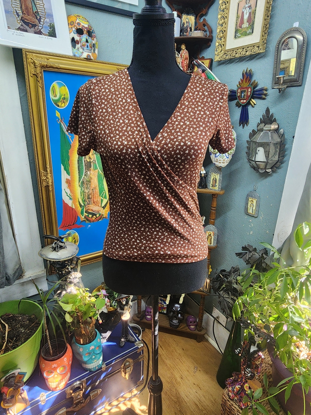 Brown Short-Sleeve Faux-Wrap Tee with Small Print